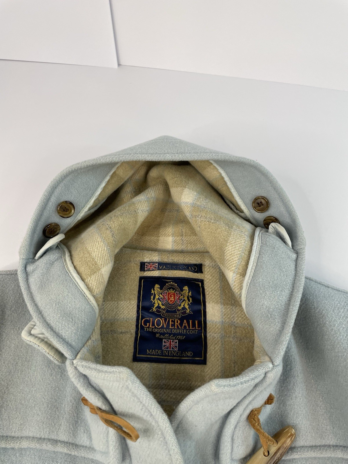 Vintage Gloverall Powder Blue Wool Duffle Coat Womens Sz 8 Hooded Toggle FLAWS
