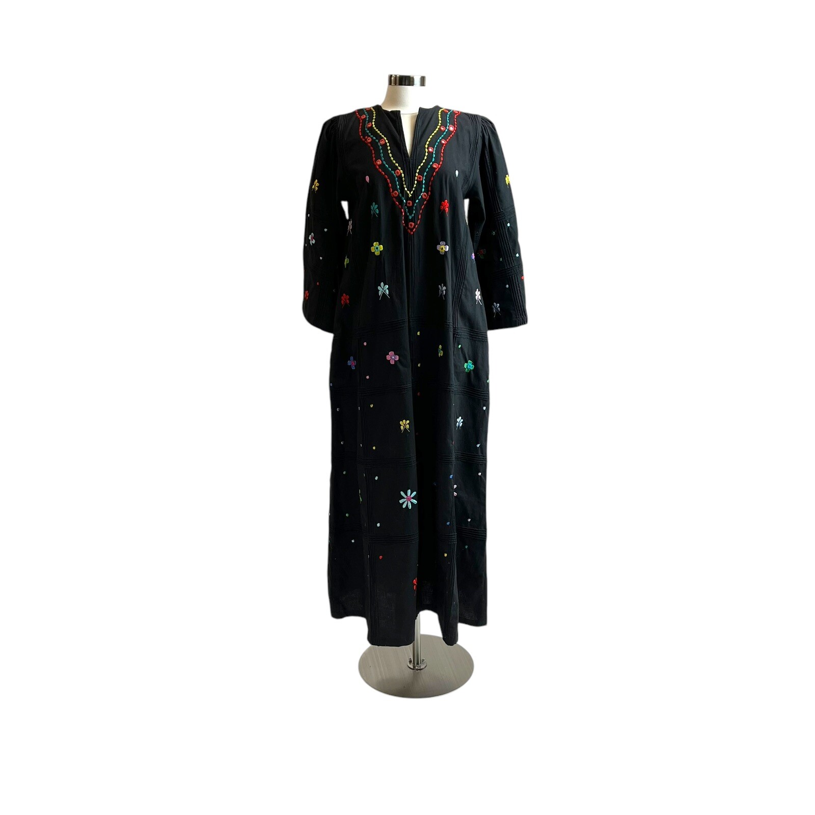 Vintage Ramona Rull Black Floral Embroidery Mirror Maxi Boho Caftan Cotton Dress