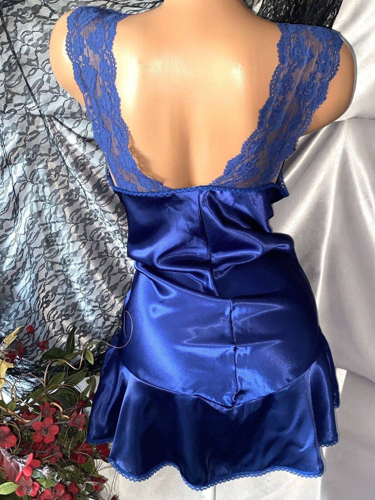 VTG Satin Shiny IMPORT BLUE CHEMISE BABYDOLL NIGHTY PJS GOWN NIGHTGOWN
