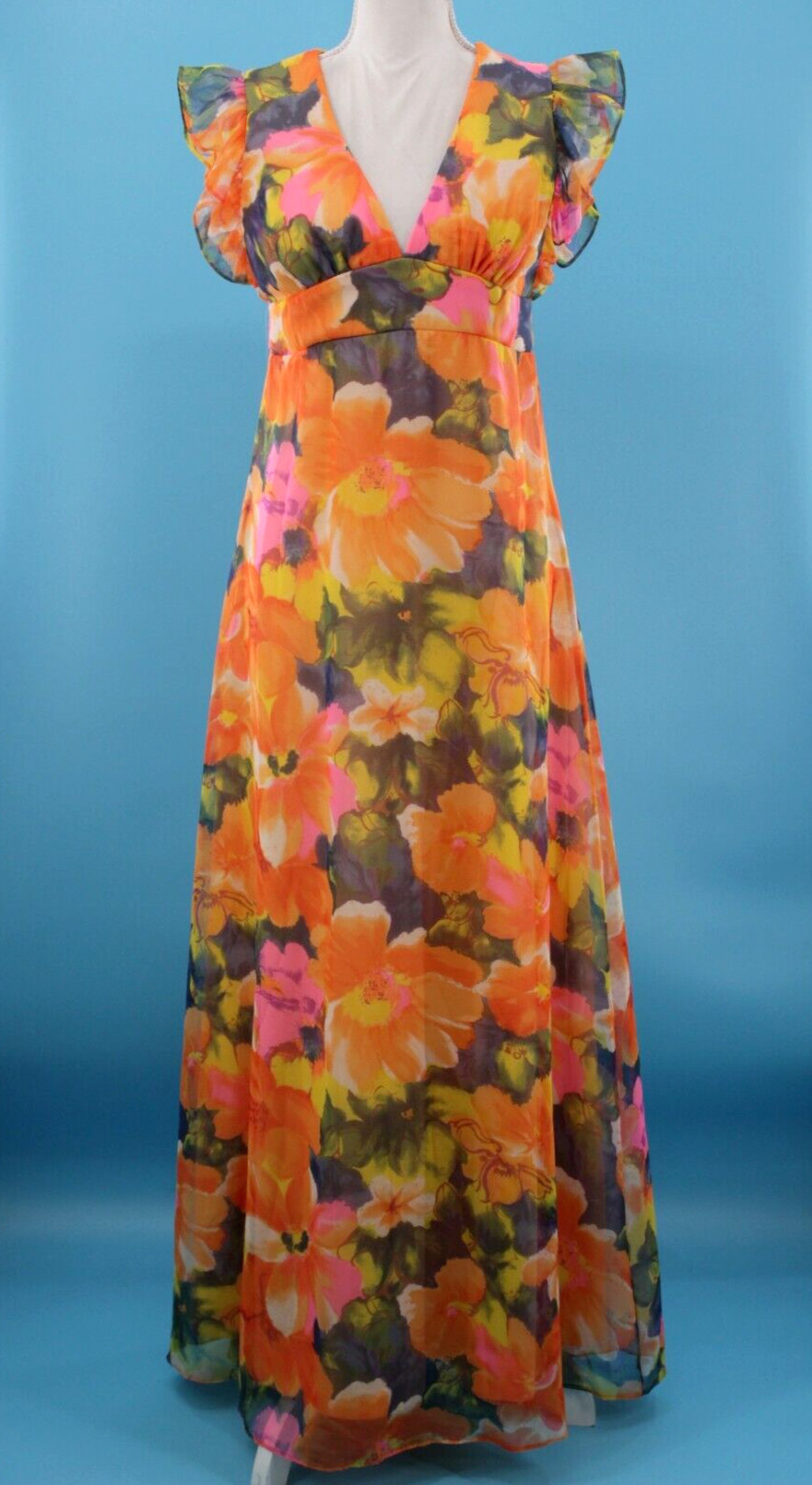 Vtg Women’s 60s Orange & Indigo Blue Floral Maxi Dress W/ Open Back S/M 1960s