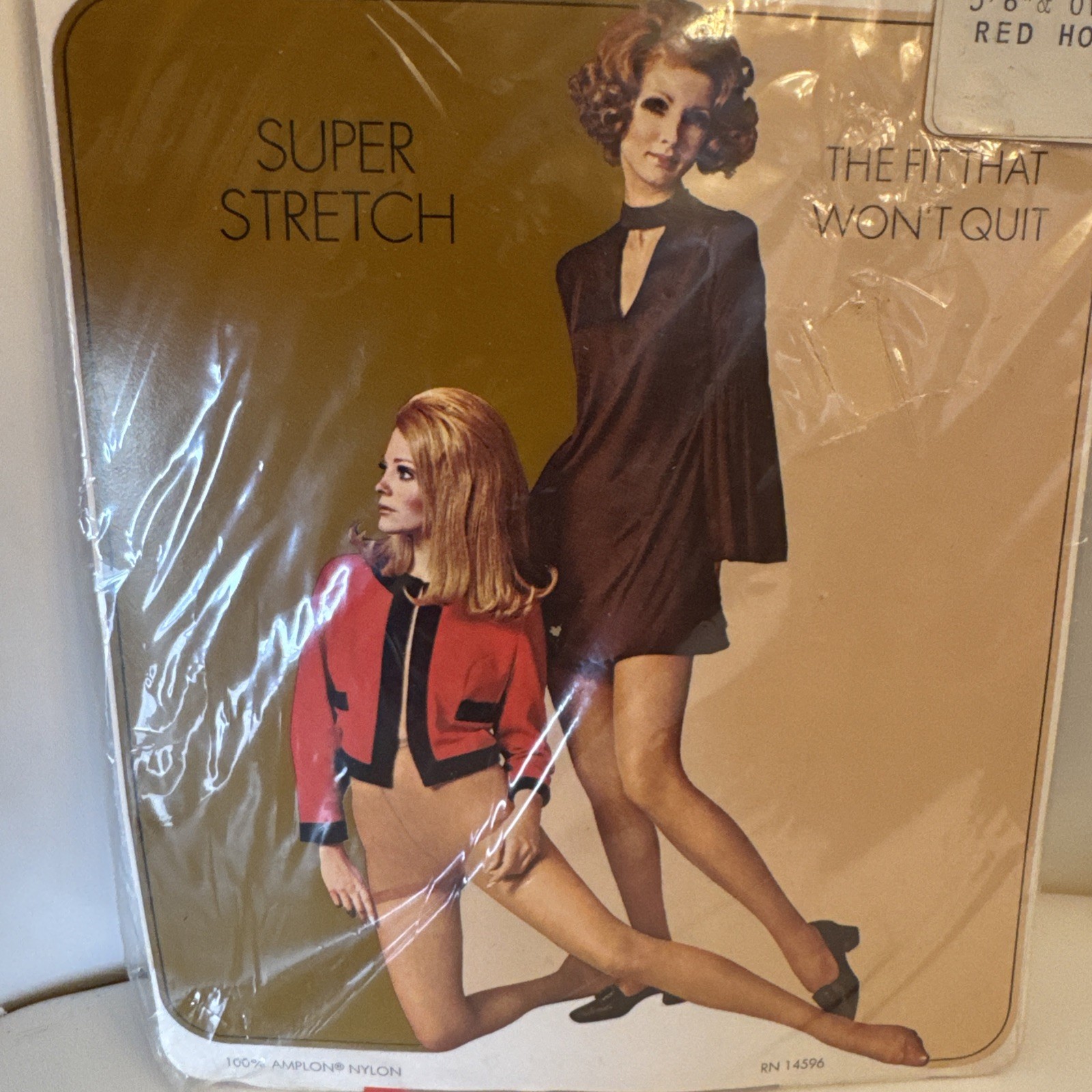 Vintage RED HOT Lido Amplon Nylon super Stretch Panty Hose 5’6” & Over 1960’s ED