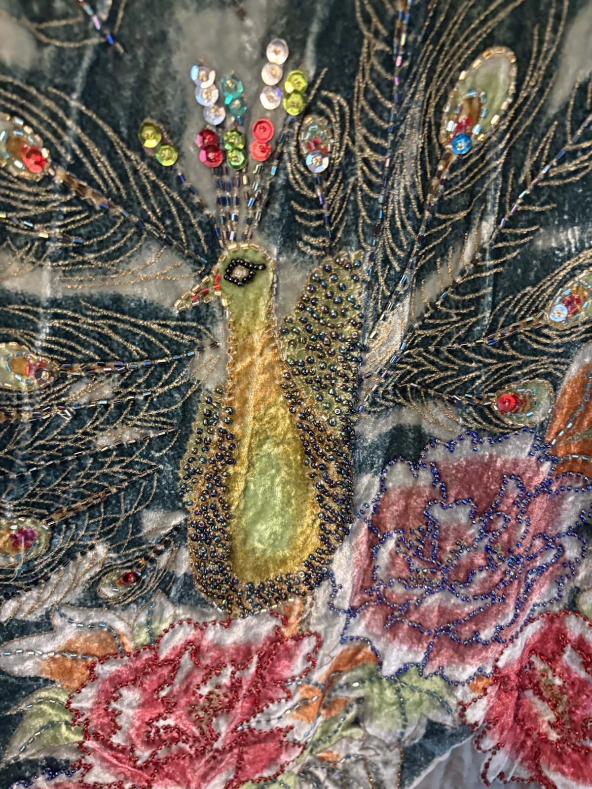 Kimono Duster Jacket Peacock Floral Velvet Beaded Burnout Coverup OS L/XL/1X/2X