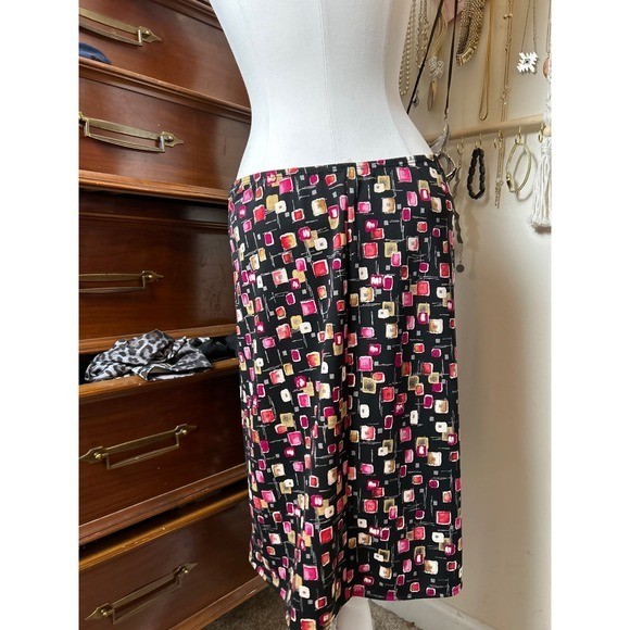 Vintage 90s Womens Geometric Square Print Midi Skirt S Retro Mod Eclectic Funky
