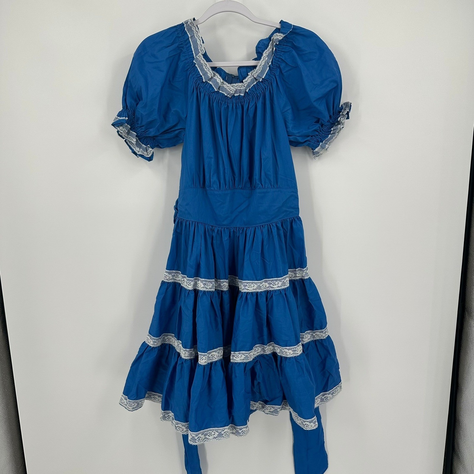 Vintage Womens Handmade Square Dance Dress Lace Trim Tiered Western Prairie Blue