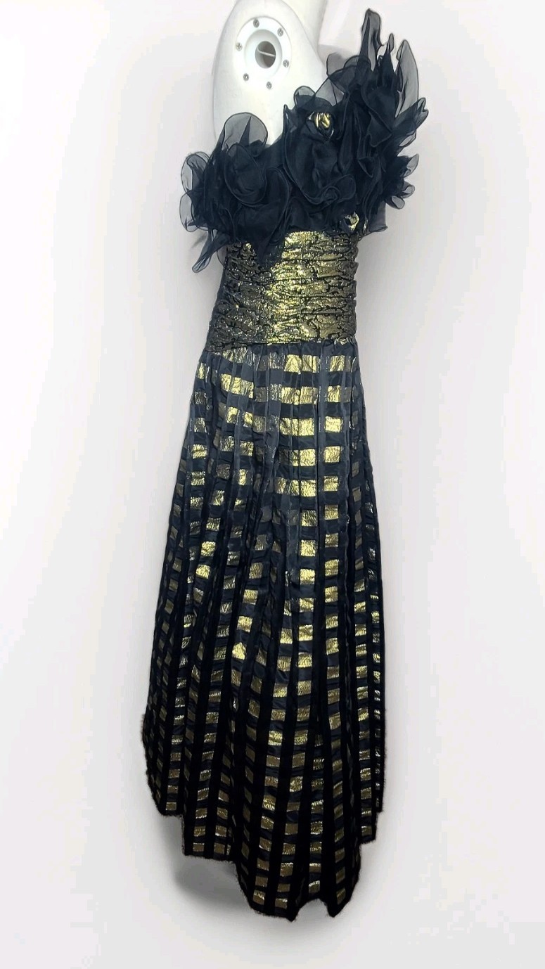 Vtg Eugene Alexander Black Gold Evening Formal Maxi Pleated Ruffle Top Dress 4