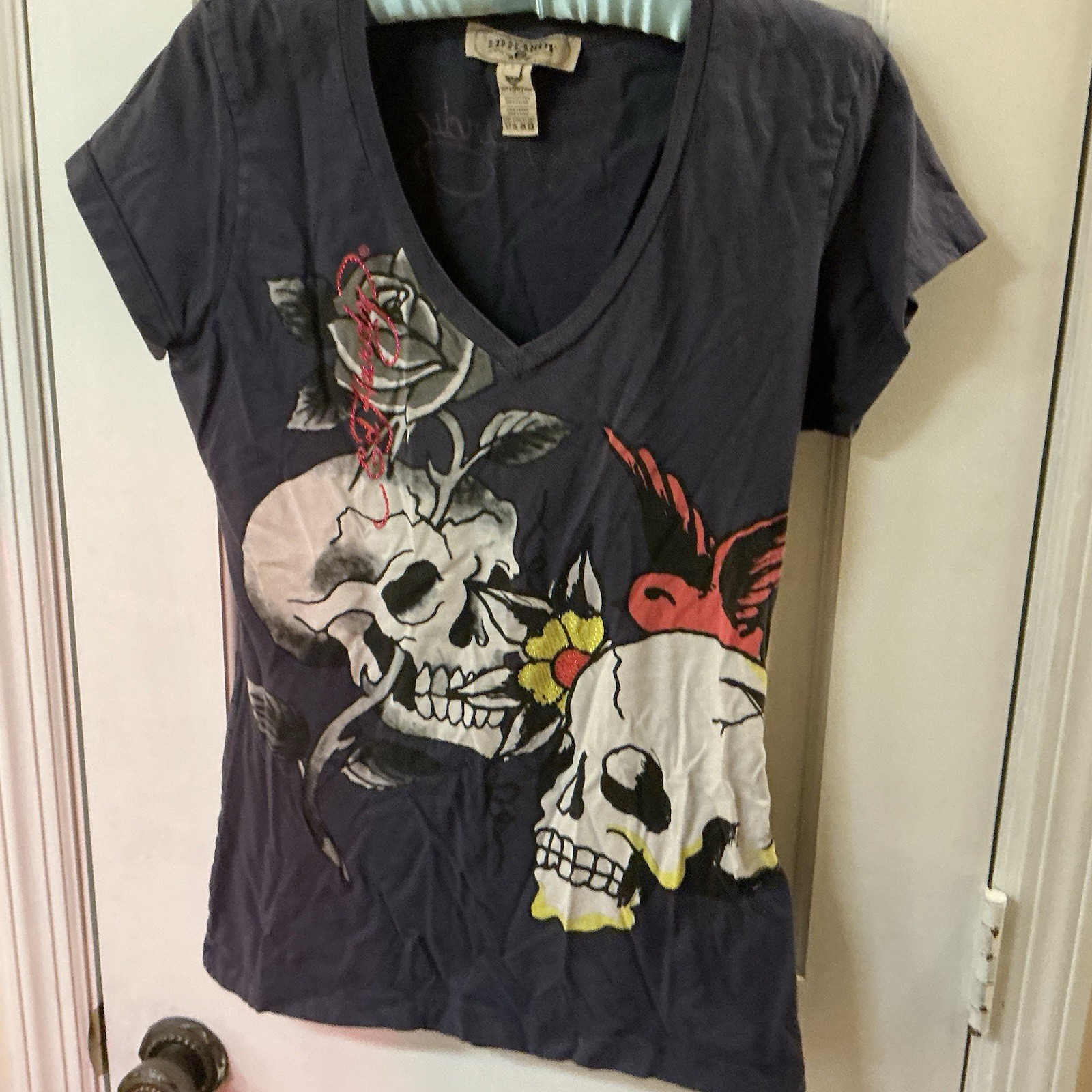 Woman’s Mid 2000’s Archival Y2K Don Ed Hardy Designs Skulls Rhinestone Shirt