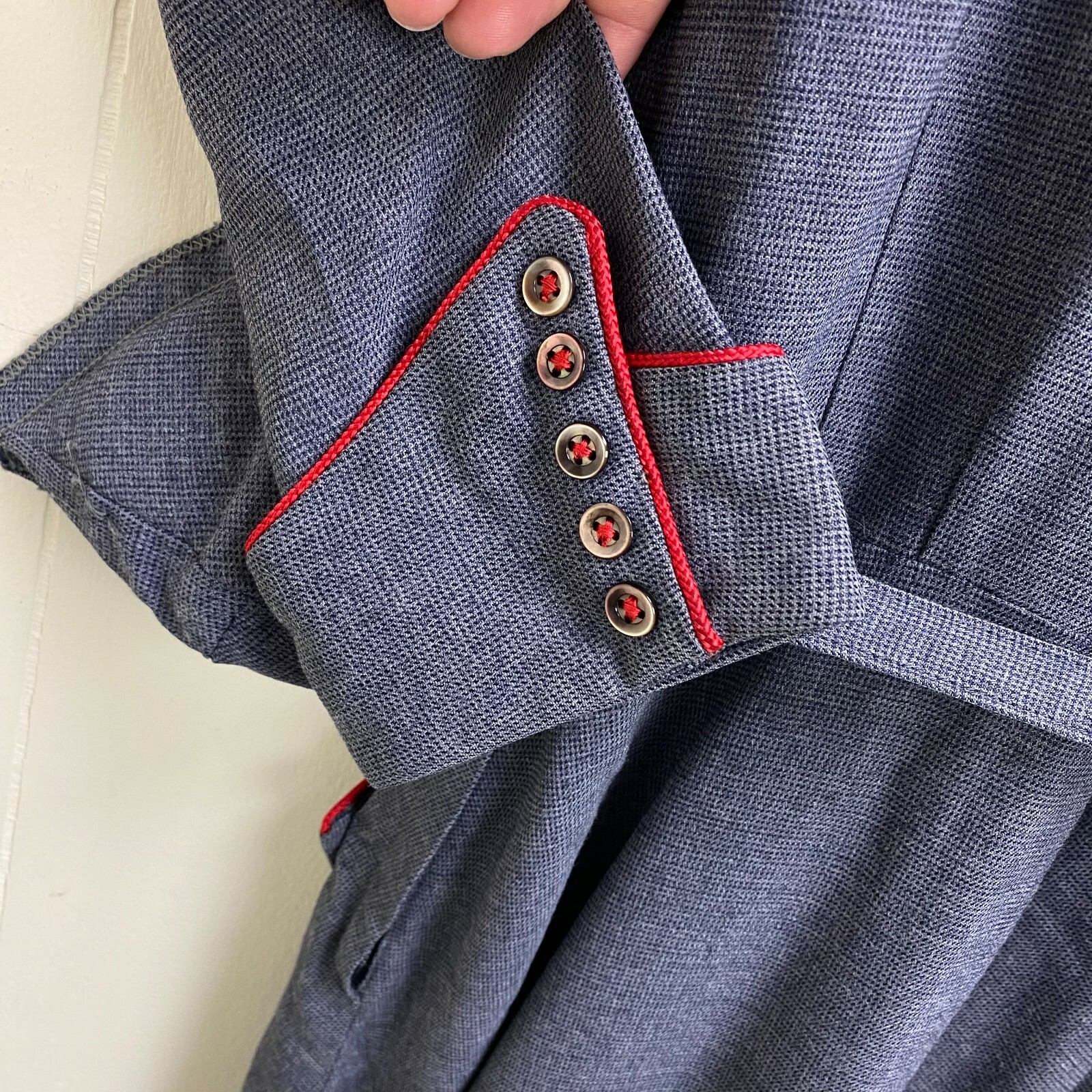 Vintage 40s 50s Paul Sachs Bluish Gray Dress w/ Red Trim Belted Pockets Size 6