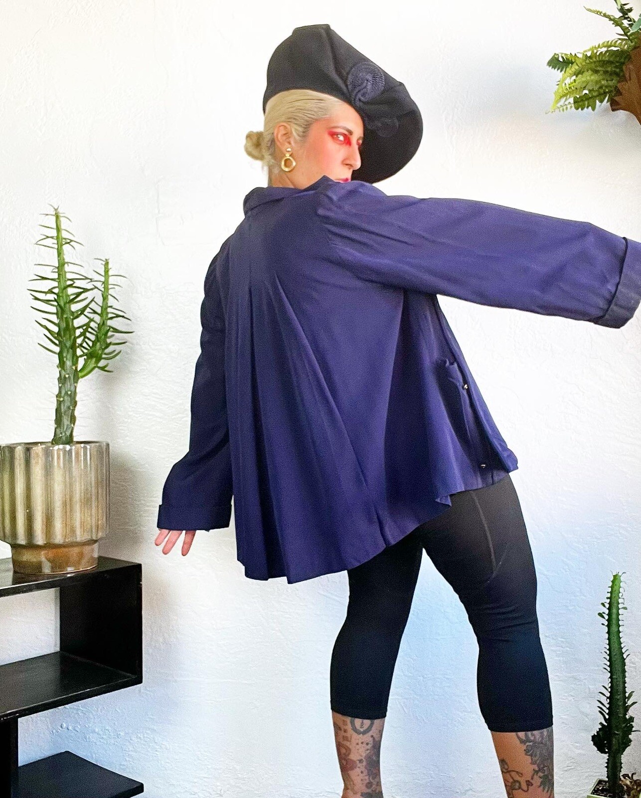 PLUS SIZE Navy Blue Wool GABARDINE 1940’s 40s Vintage Pleated Swing Jacket L Xl