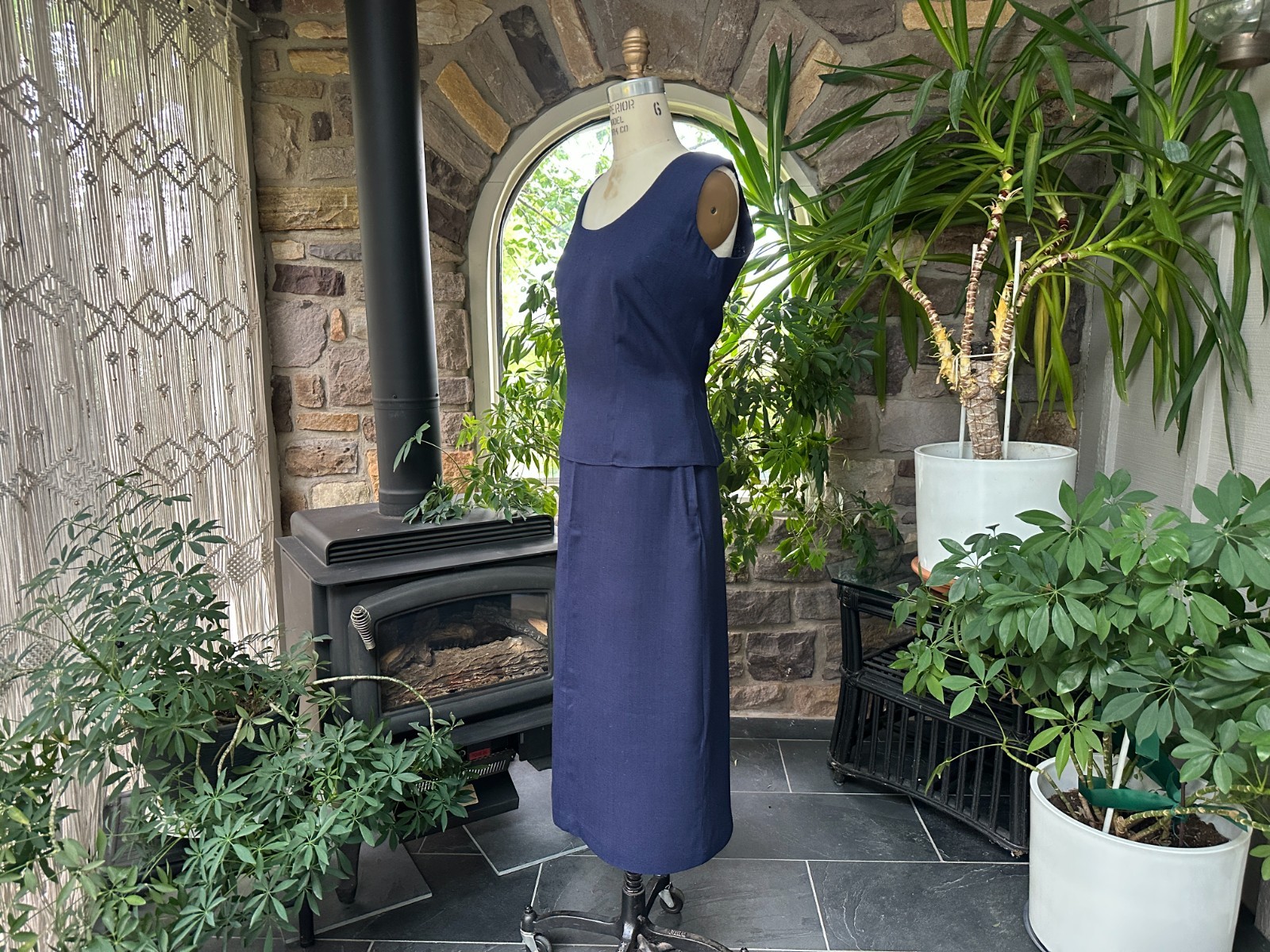 Vintage 1950s Nelly de Grab Navy Blue Textured Linen Look Rayon Skirt Suit Set