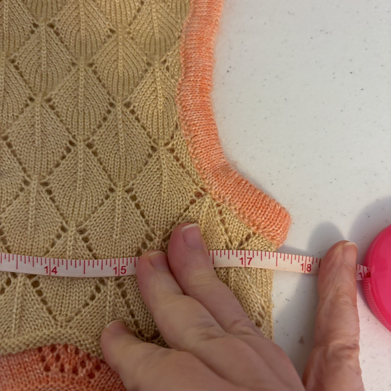 Vintage 70s Size Small Crochet Knit Button Down Tunic Length Cardigan Peach Tan