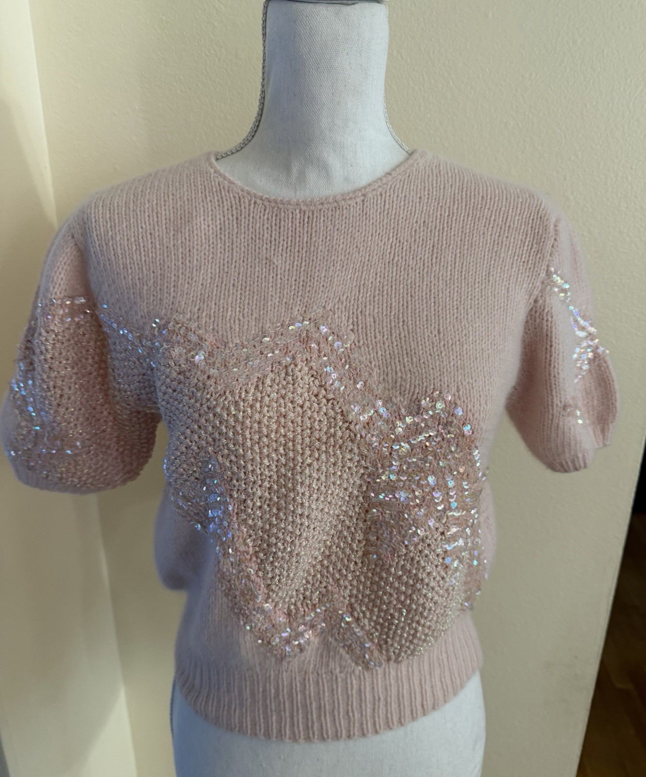 Vintage Ann Katrine S Pink Sequined Short Sleeve Sweater Lambswool, Angora, Wool