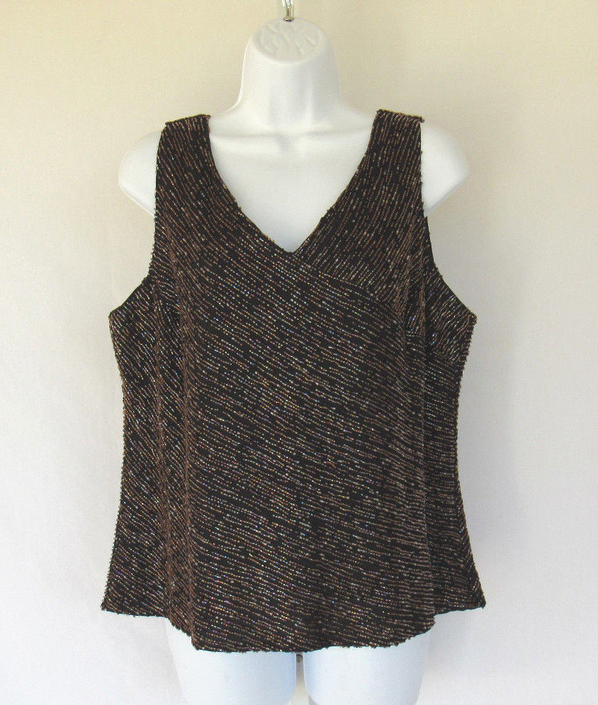 VTG 1980s 90s JKARA BEADED SLEEVELESS TOP SIZE 12 BLACK FULLY LINED MADE INDIA