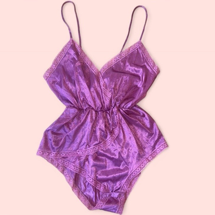 Vintage 1970s Avon Pink Nylon Lace Teddy Bodysuit