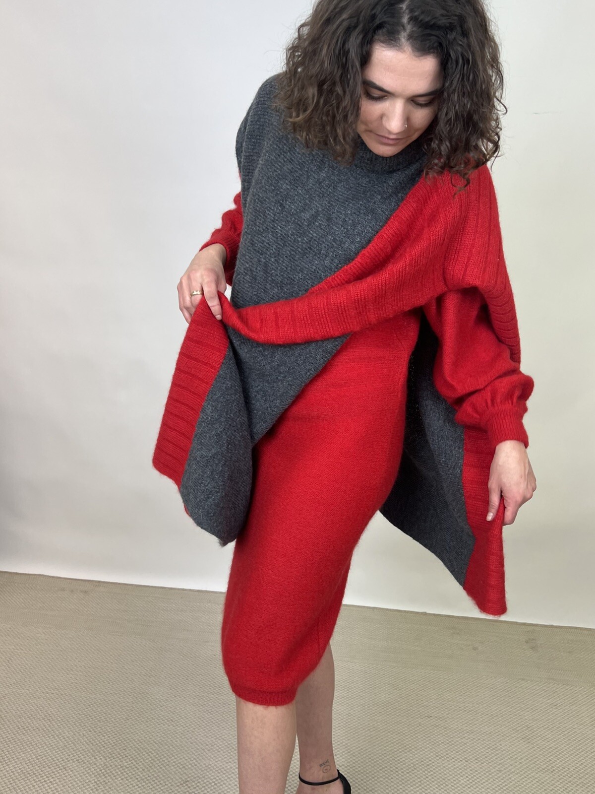 Vintage 1980s Karl Lagerfeld for Chloe Sweater Dress & Poncho Red Gray Designer