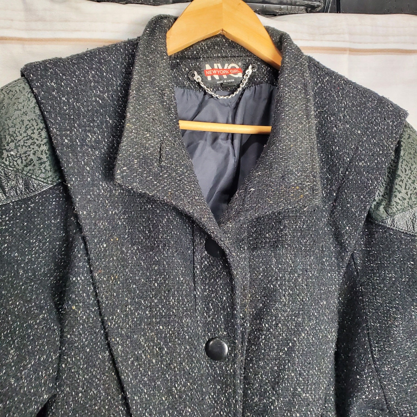 Vintage 80s Wool Leather Speckled Black Button Bomber Jacket Coat Size Medium