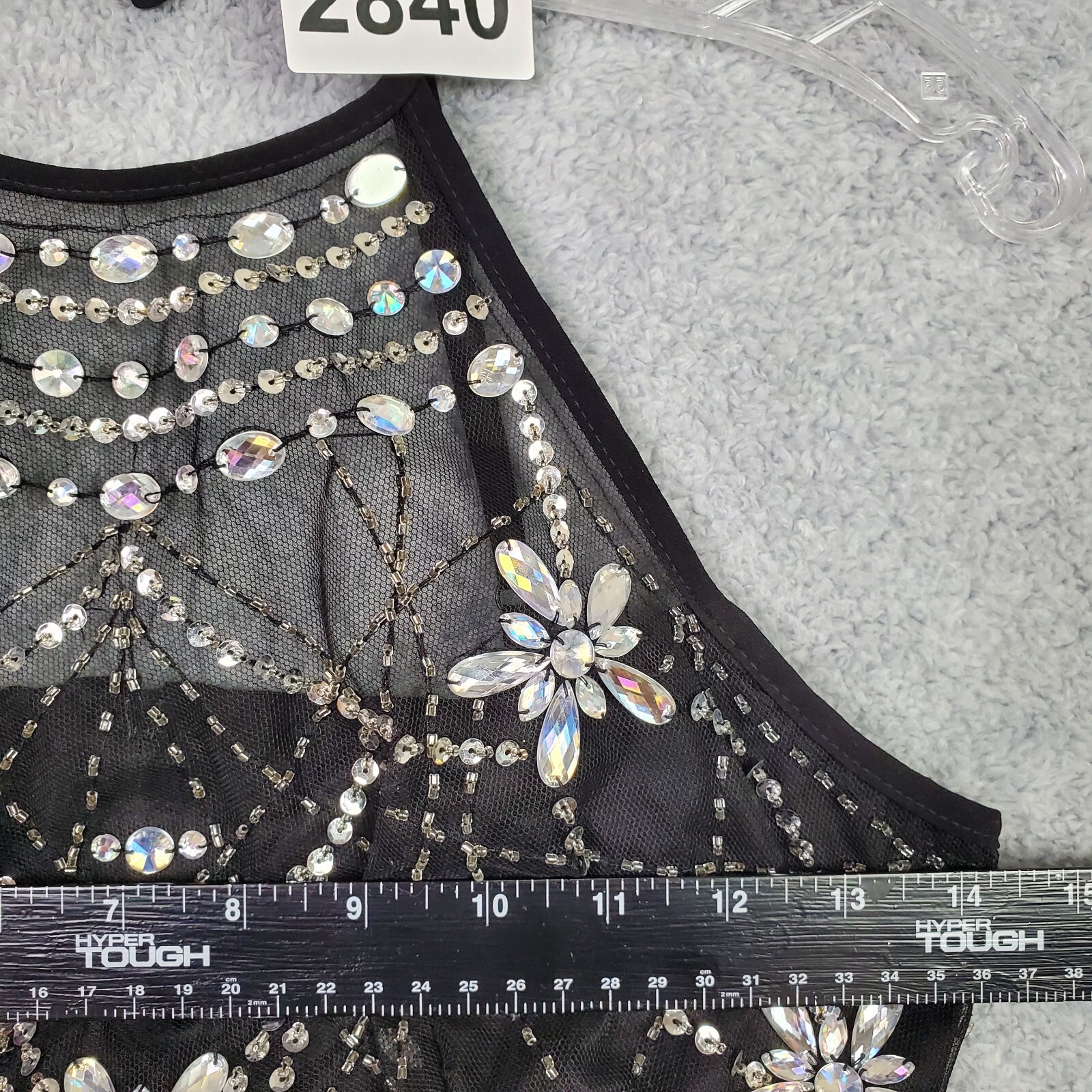Vtg B Darlin Top Size S Black Halter Crop Embellished Jewels Sheer Padded Zip Up