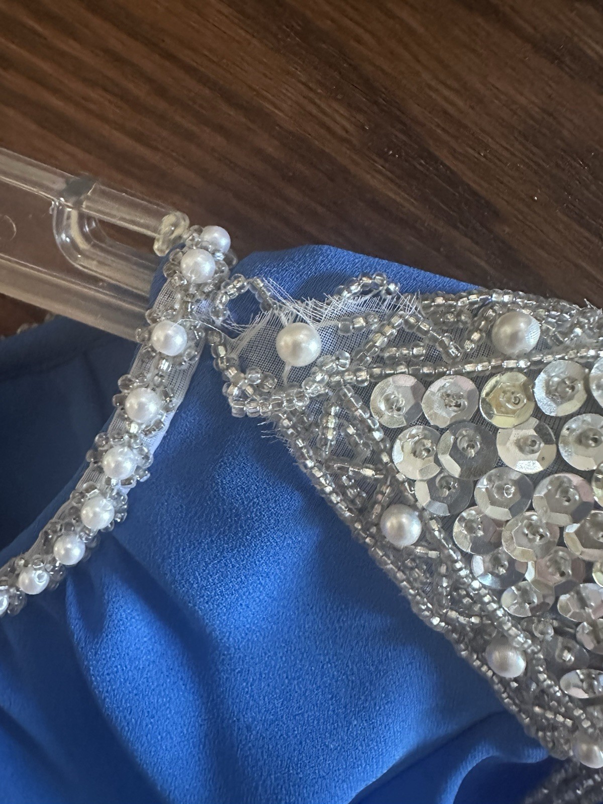 1990 MISS ELLIETTE Maxi Dress●Vtg●Pearls & Beads●Long Sleeve●Blue●Sz 14●Elegant