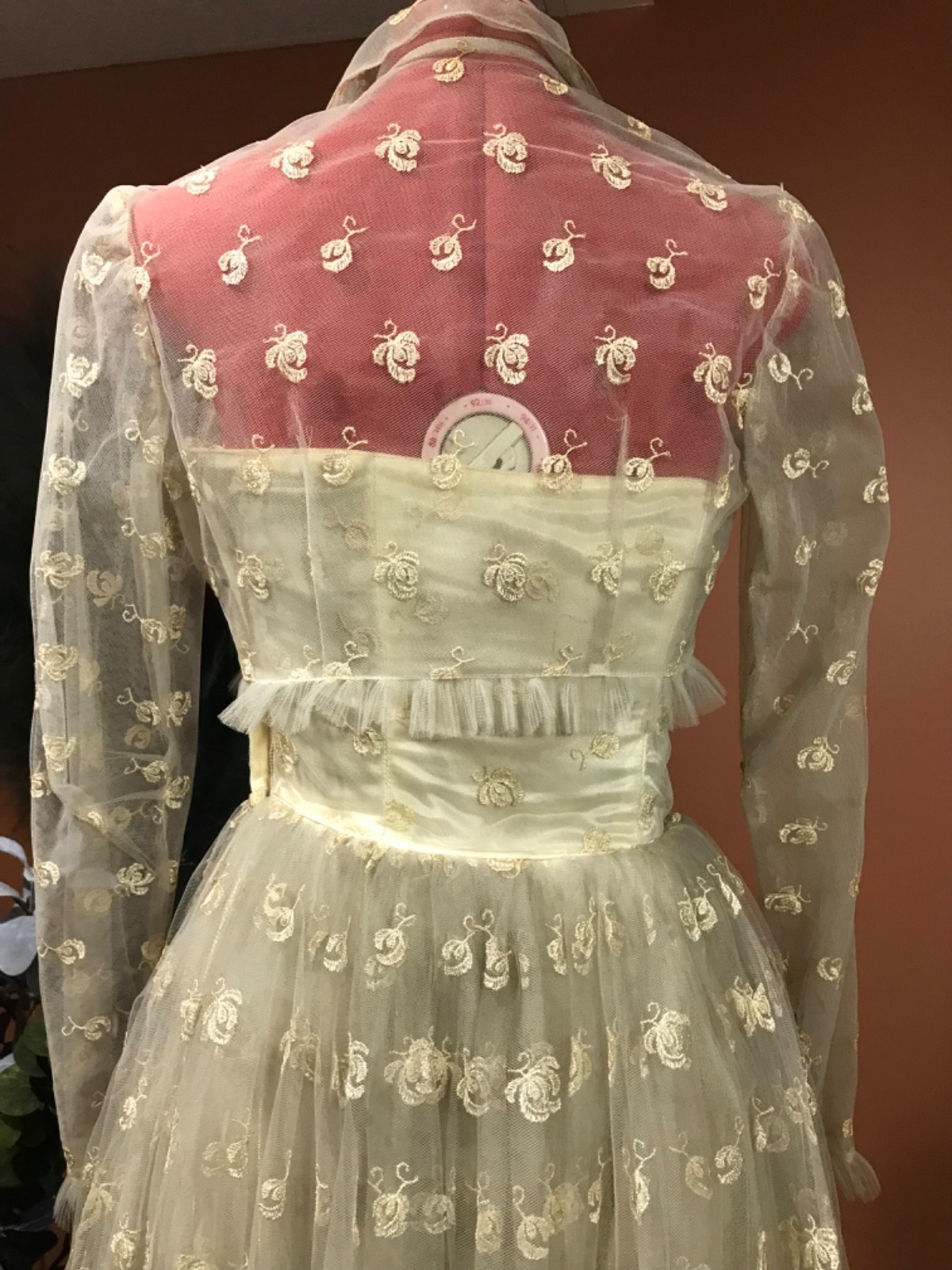 50’s ivory layered tulle lace overlay XS wedding dress with matching crop jacket