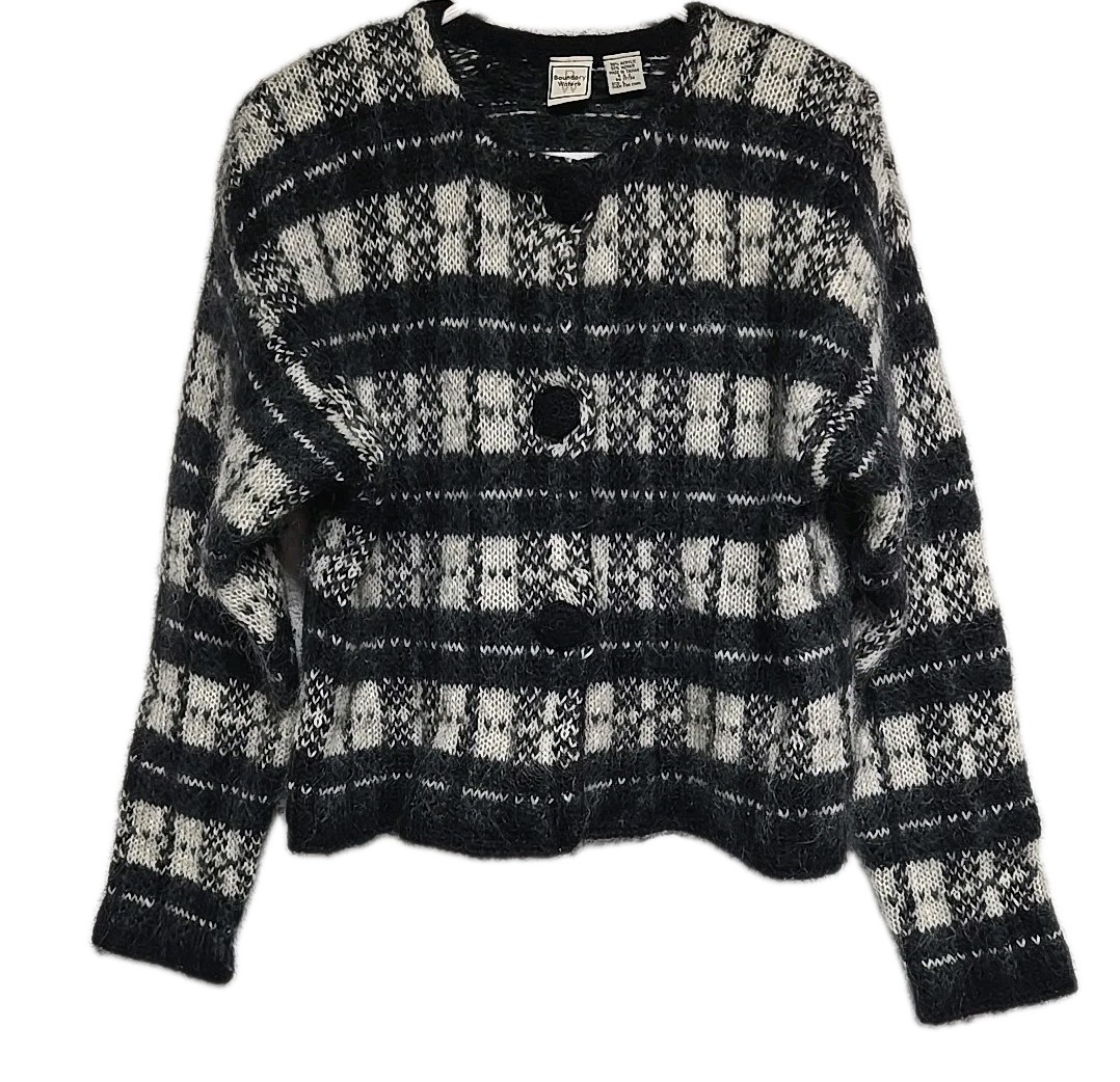 Vintage Boundary Waters Mohair Black White Striped Houndstooth Buttons Sweater