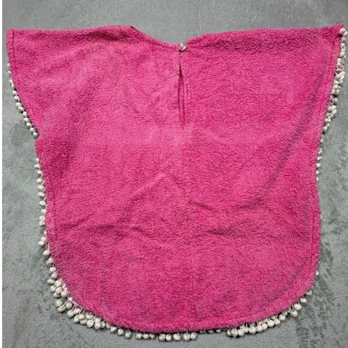 Vintage 70s Hot Pink Terry Cloth Pom Pom Beach Coverup Poncho One Size Cotton