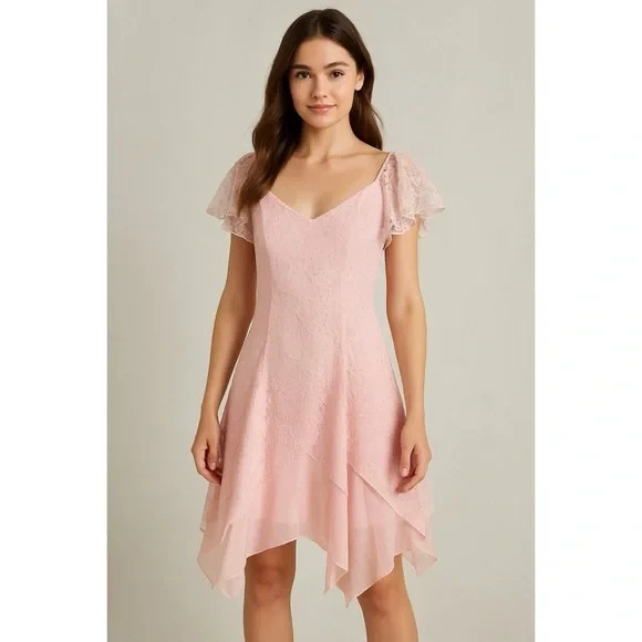 Vintage 80s X Nuance Bubblegum Pink Tiered Assymetrical Lace Acetate Dress Sz 5