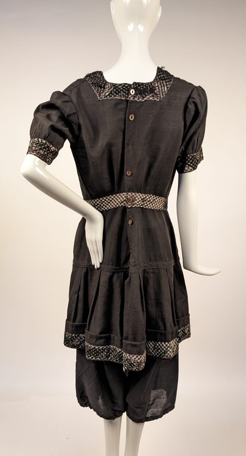 VICTORIAN 19TH C 2 PC BLACK BATHING SUIT W SILK TRIM