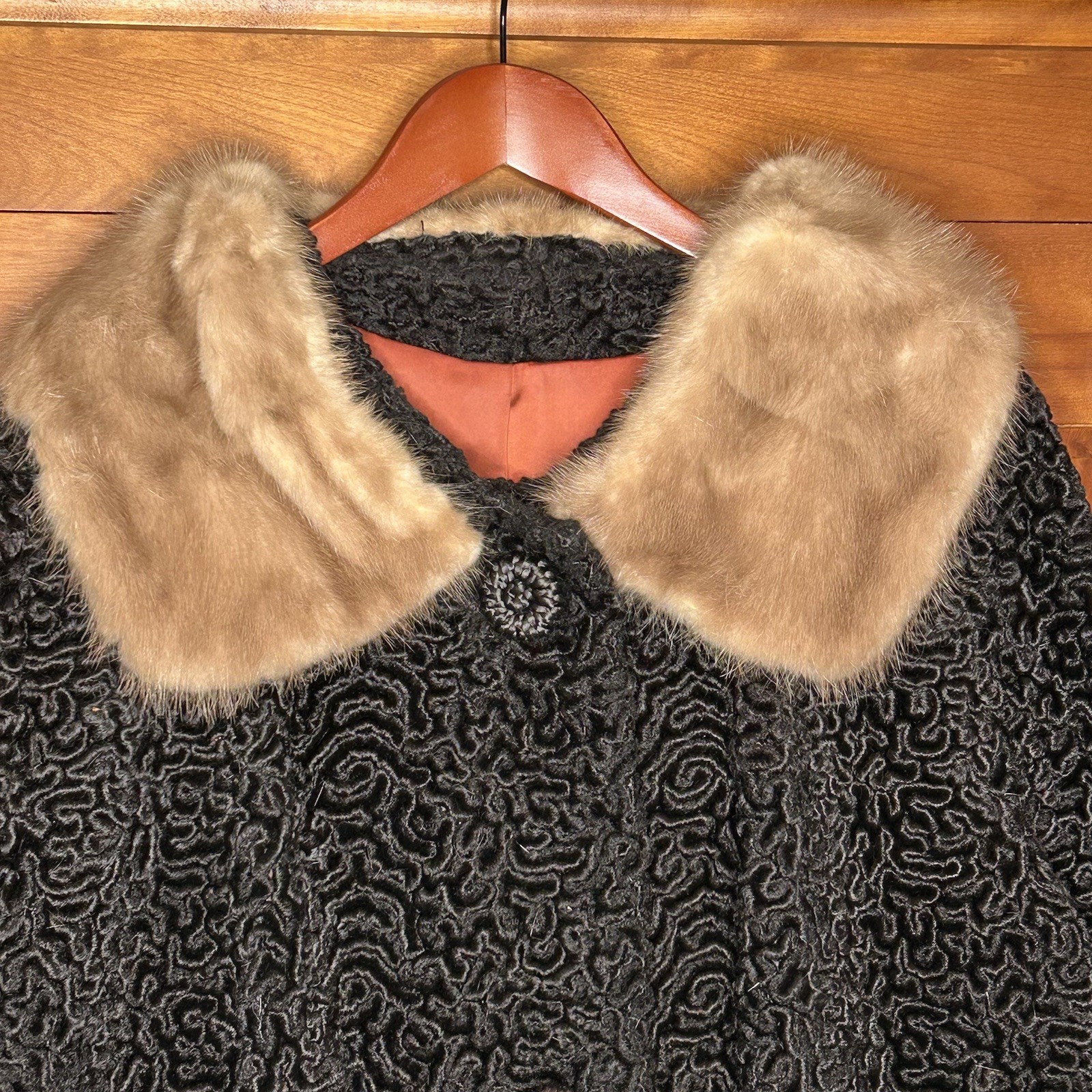 Vintage Astrakin Lepshire Longline Curly Persian Lamb Wool Coat with Mink Fur XL