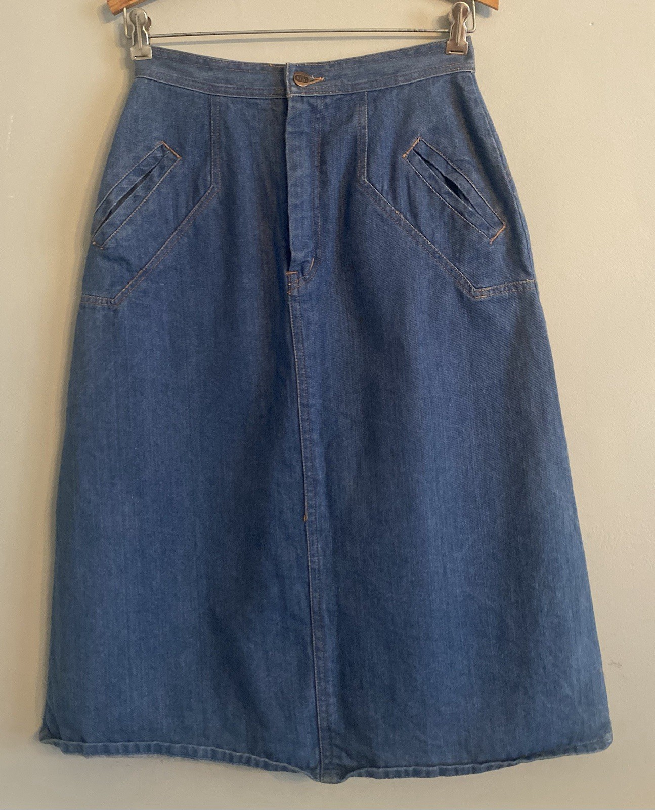 Vintage 70s Hi-Hi Denim Midi Jean Skirt Women’s 11/12 A-Line 100% Cotton Slit