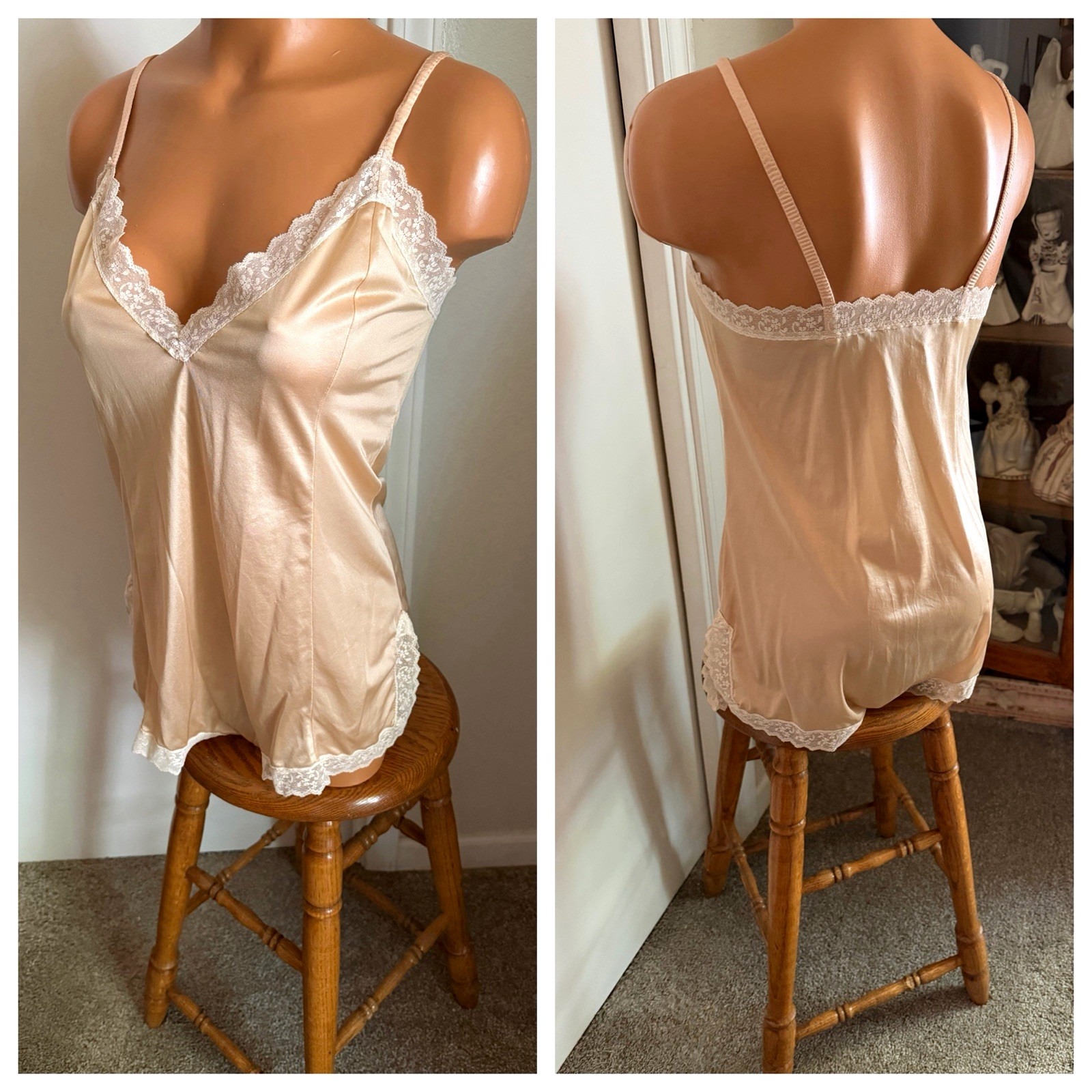 VTG 70’s HONEY BEIGE W/ LACE TRIM NYLON CAMISOLE SLIP USA SZ L