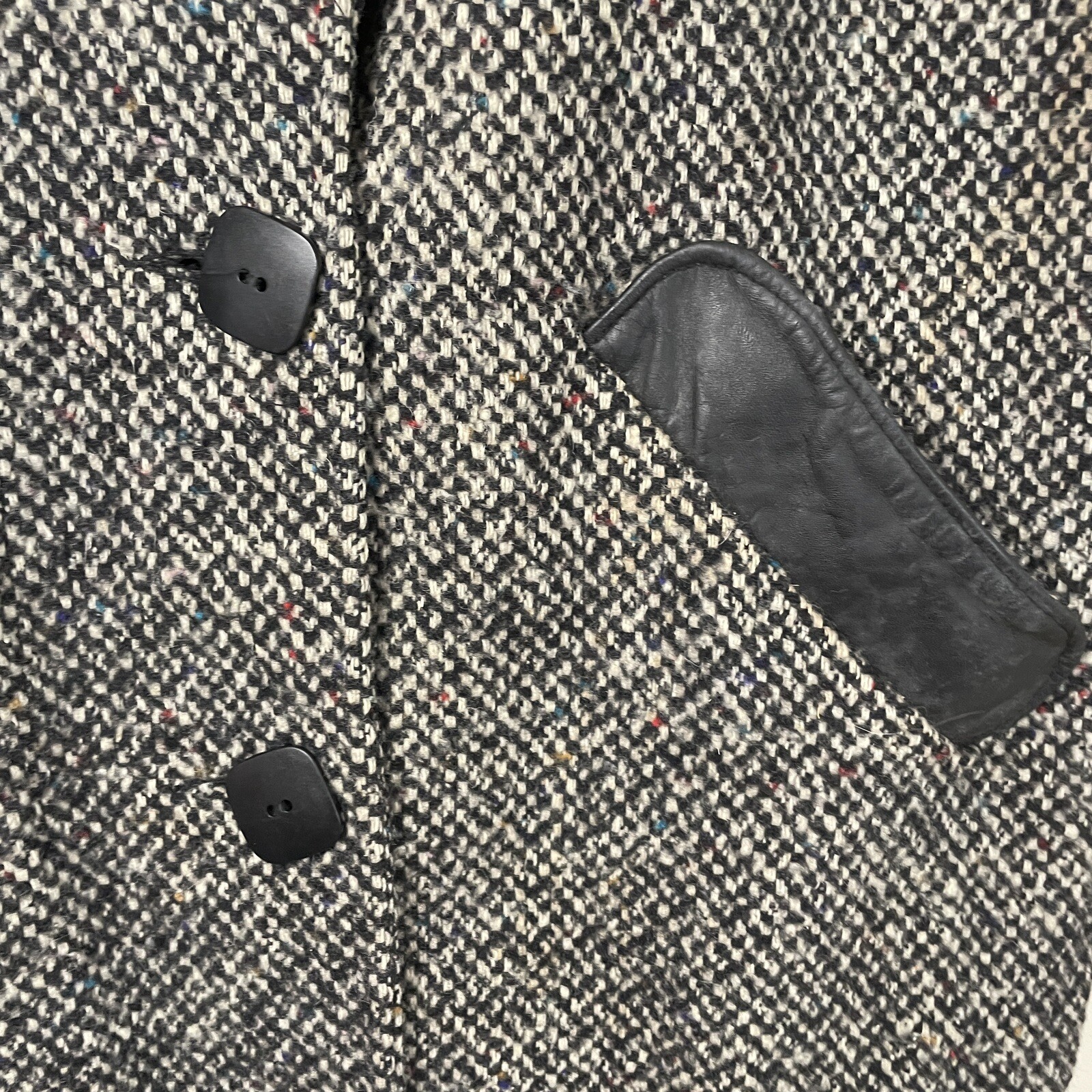Vtg 80s DONNYBROOK Black White Tweed Long Coat w/Leather Accents Women Sz 12