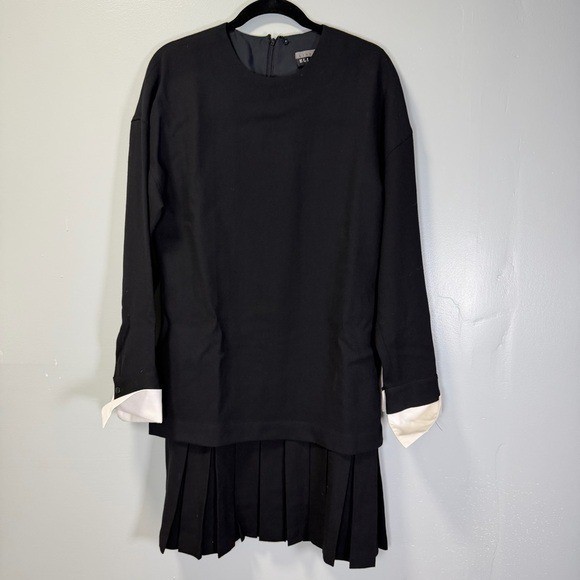 Linda Allard Ellen Tracy Vintage Black Wool Pleated Shift Dress 8