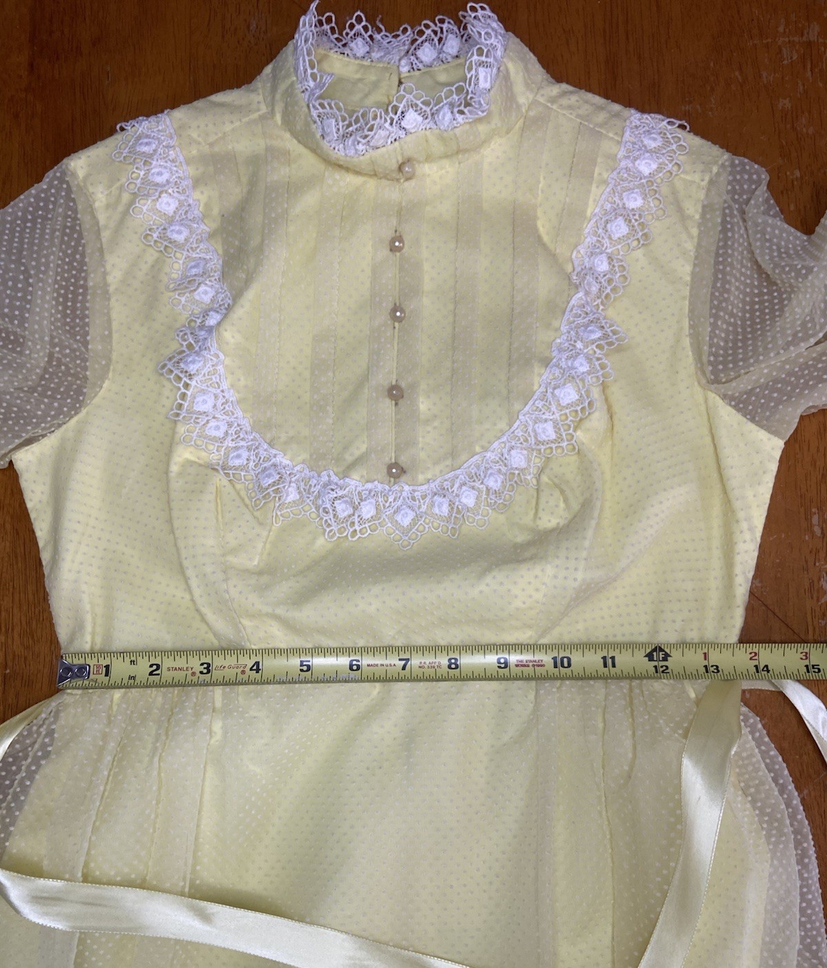 Vtg 70s Yellow Swiss Dot Prairie Dress Victorian Revival Empire Waist Small