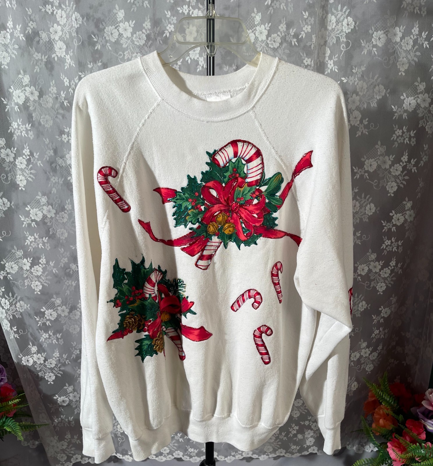 Vintage 80s Candy Cane Sweatshirt Size XL 1980s Retro Christmas Holidays Festive