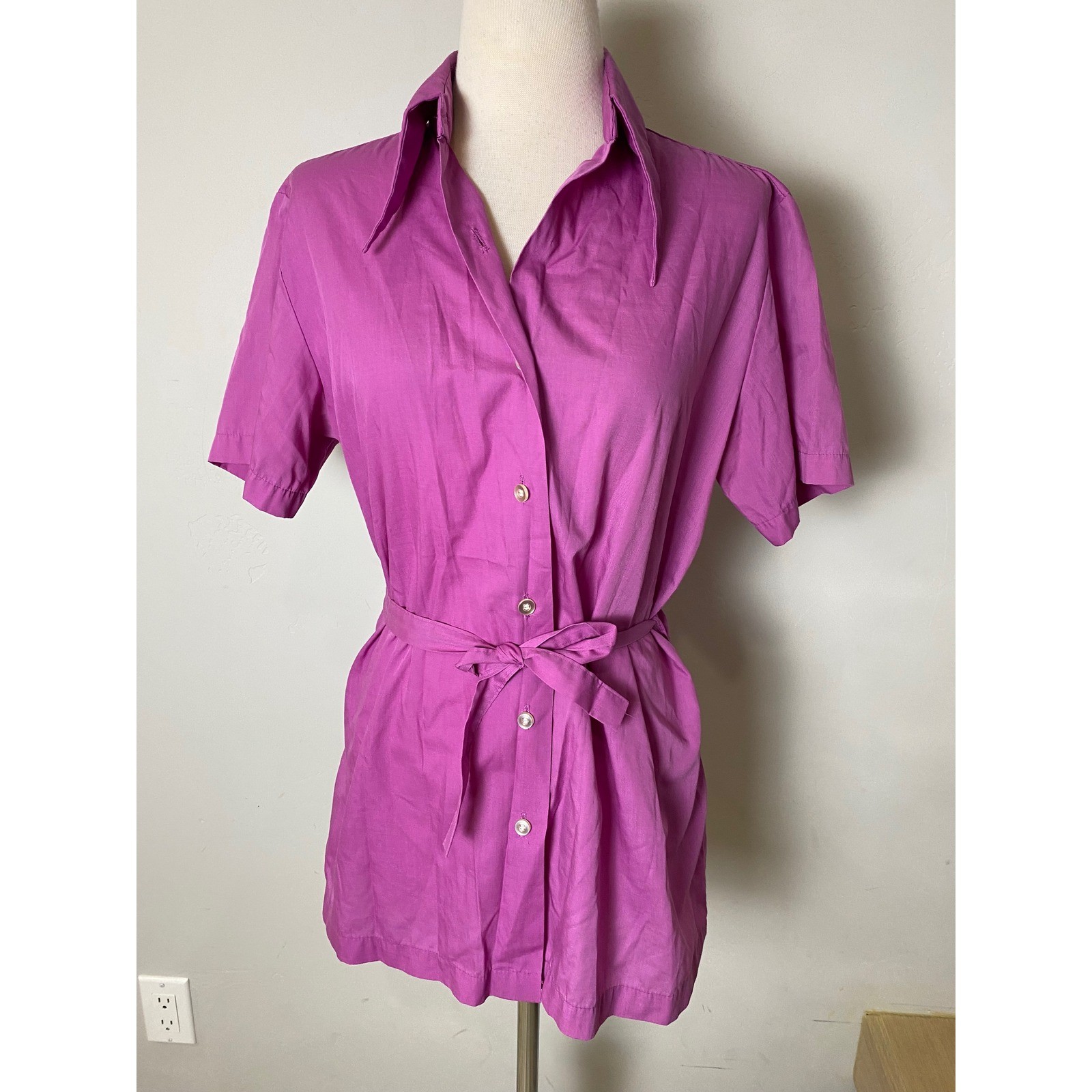 Vintage Sears 70s Dagger Collar Button Down Shirt Magenta Purple Belted Top