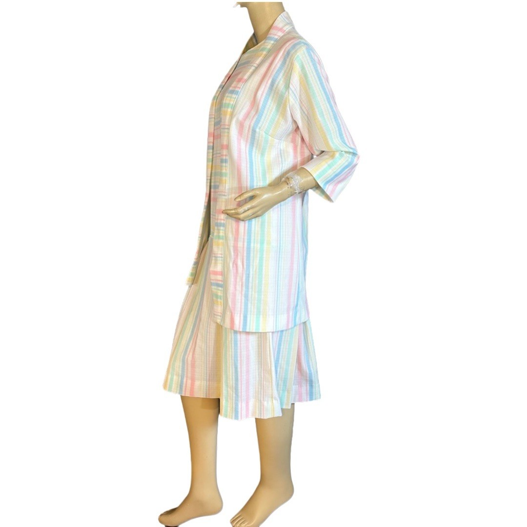 VINTAGE CIRCA 1970’S WHITE W/PASTEL STRIPES DROP WAIST DRESS SET SZ APPX MED