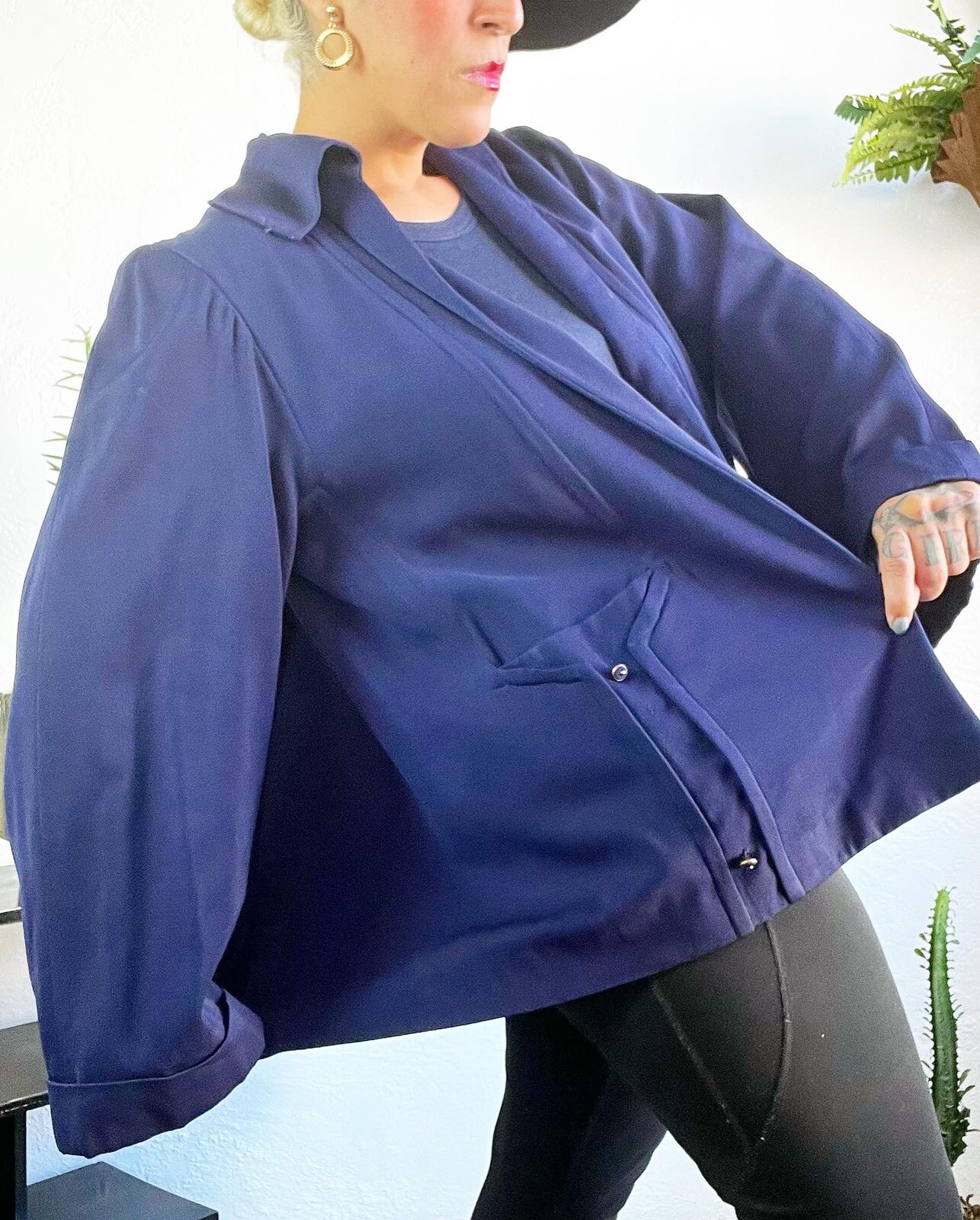 PLUS SIZE Navy Blue Wool GABARDINE 1940’s 40s Vintage Pleated Swing Jacket L Xl