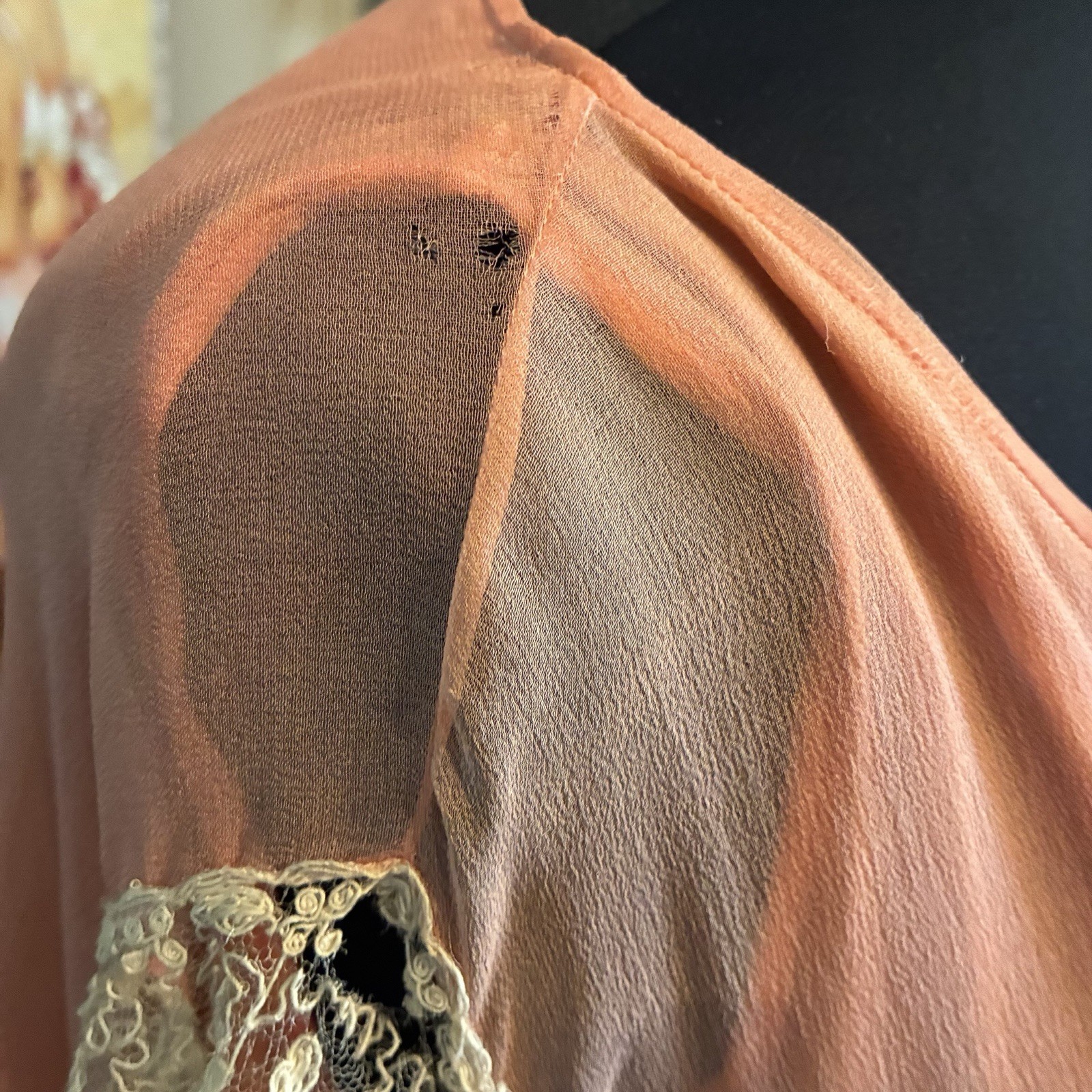 Antique 1920S Pink Silk Chiffon Kafton Brussels Tambour Cabbage Roses Lace