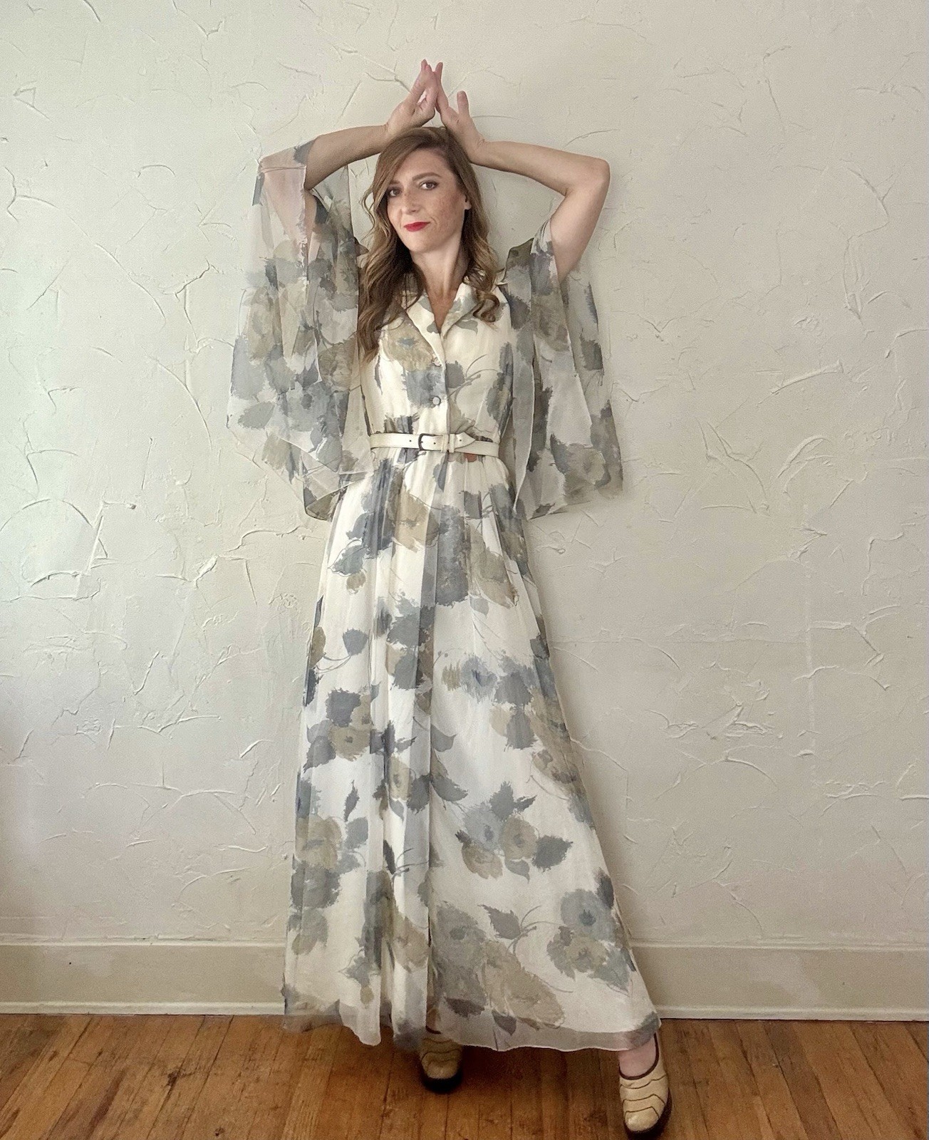 VTG 1970s Watercolor Floral Maxi Dress Angel Sleeve Neutral Colors