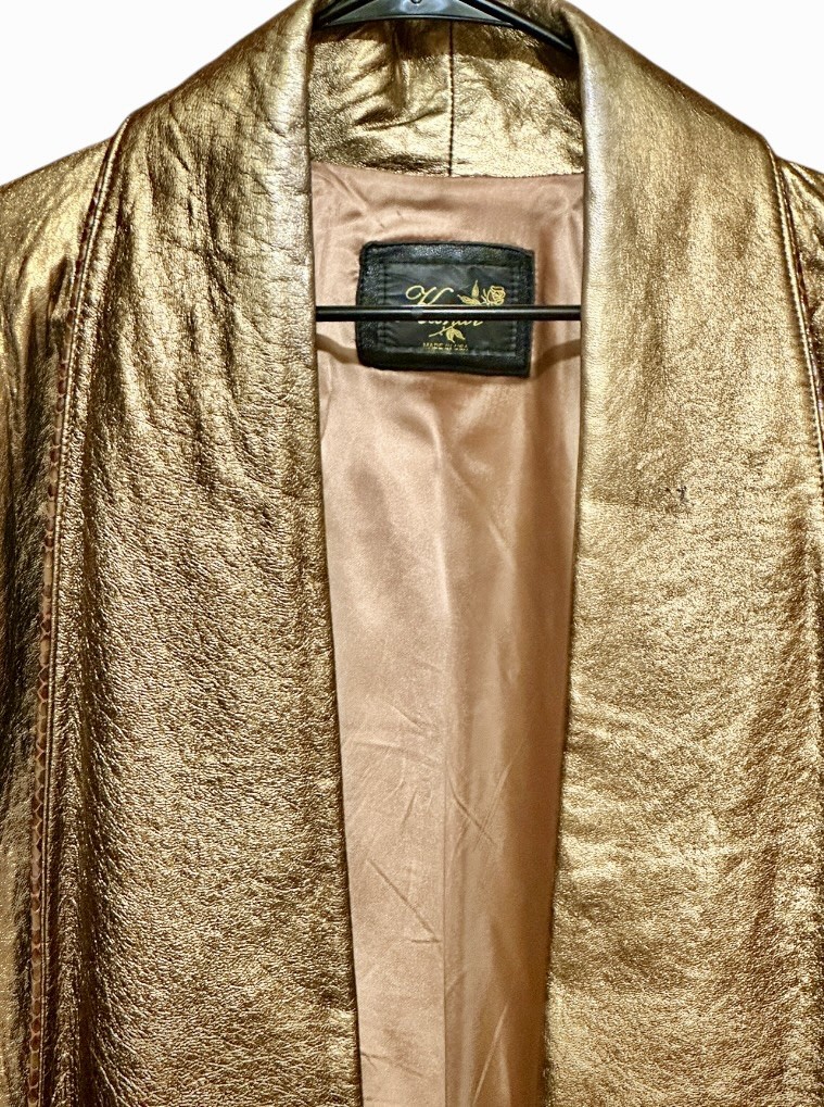 VTG 80s Kanar Gold Lame Metallic Leather Swing Coat Hollywood Glam XL / 2XL