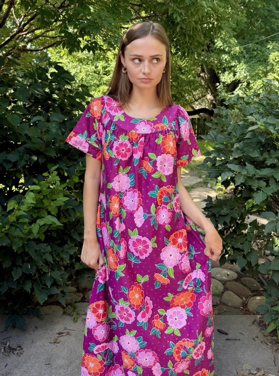 Vintage 1970s Hawaiian Muumuu Dress Flower Power Soft Cotton 70s Boho Hippie