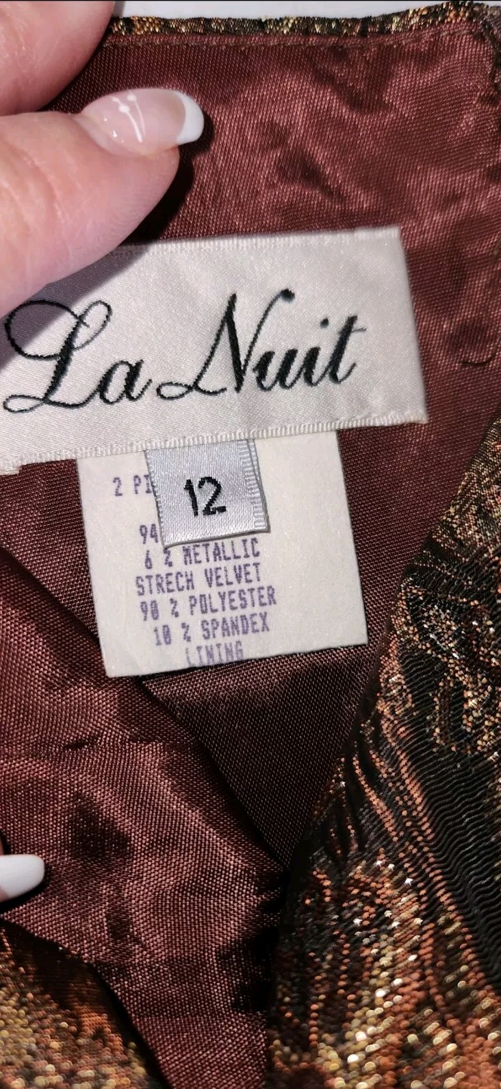 Vintage La Nuit Dress Maxi Formal Metallic Top Brown Velour Bottom Size 12- EXC