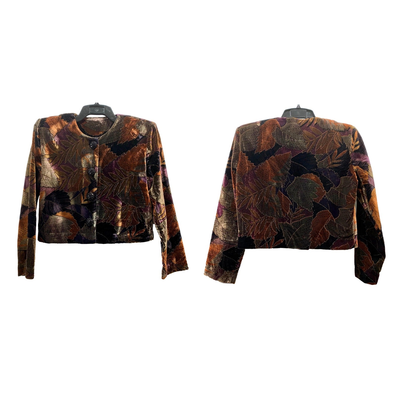 Vintage 80s Painted Velvet Cropped Jacket Brown Purple Rust Petite 2