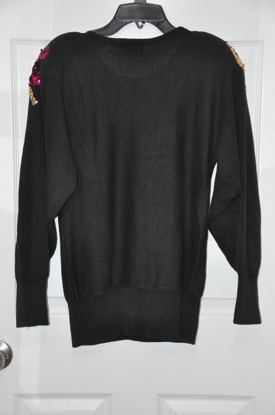 Vintage SML Glitz 80s Black Knit Sequin Glam Cotton Blend Sweater Sz M
