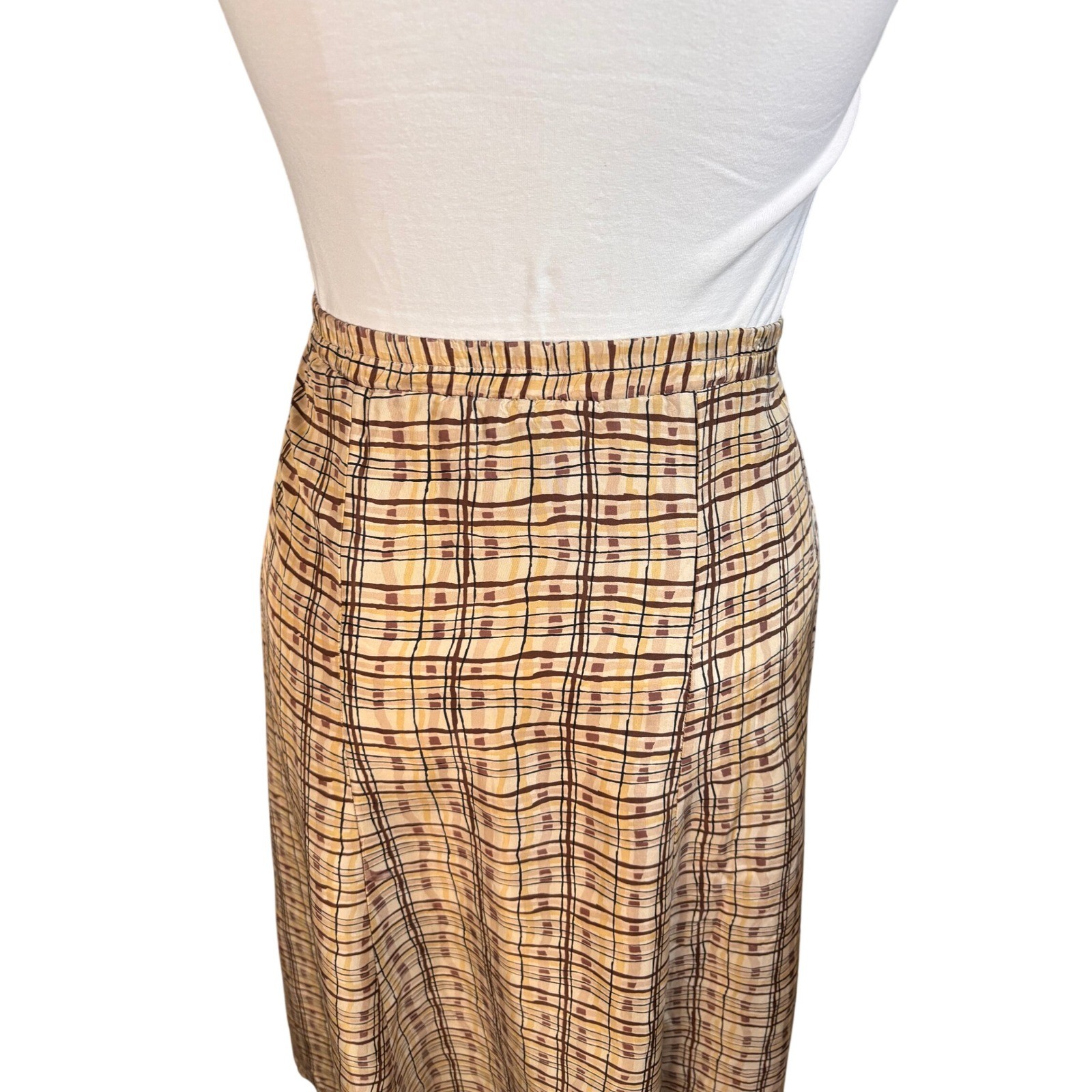 Plaid A-Line Melrose Studio Petites Button Side Tan Brown Midi Skirt Vintage