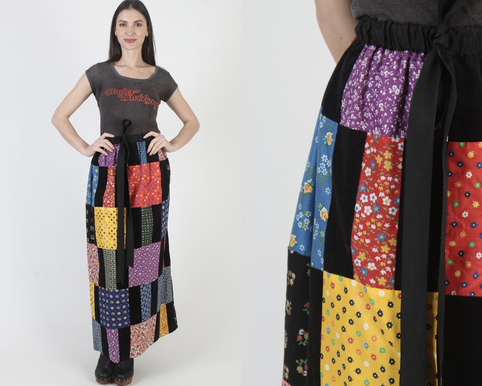 Vintage 70s Blk Mr Hank Patchwork Skirt Quilt Square Cottage Prairie Hippie Maxi