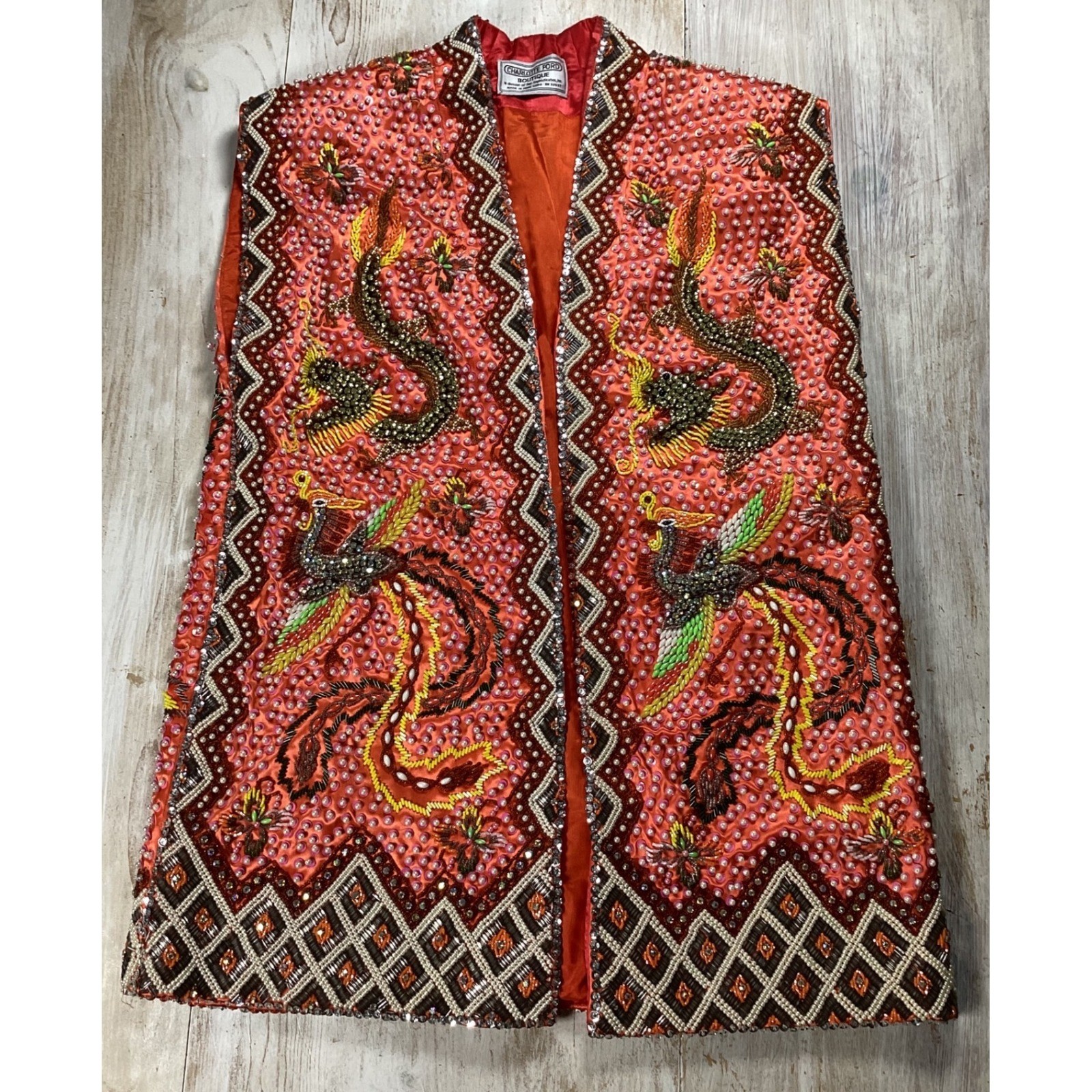 Vintage Charlotte Ford Boutique Beaded Silk Vest Dragon Phoenix Orange Hong Kong
