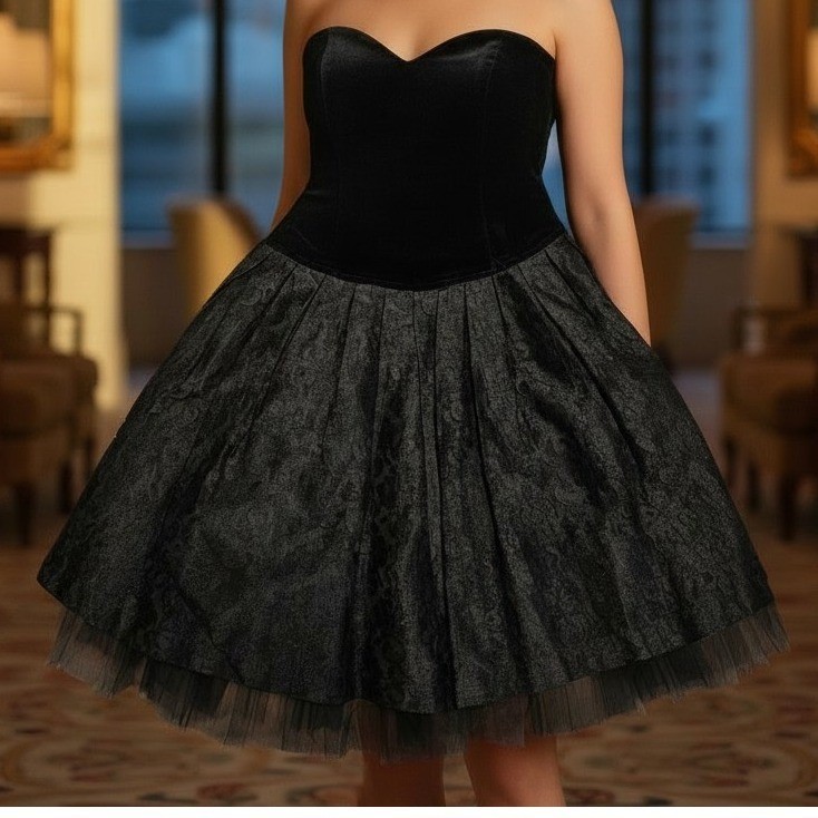 VTG Mascot Only Velvet, Lace, and tulle Strapless Dress Black Made in Italy 44