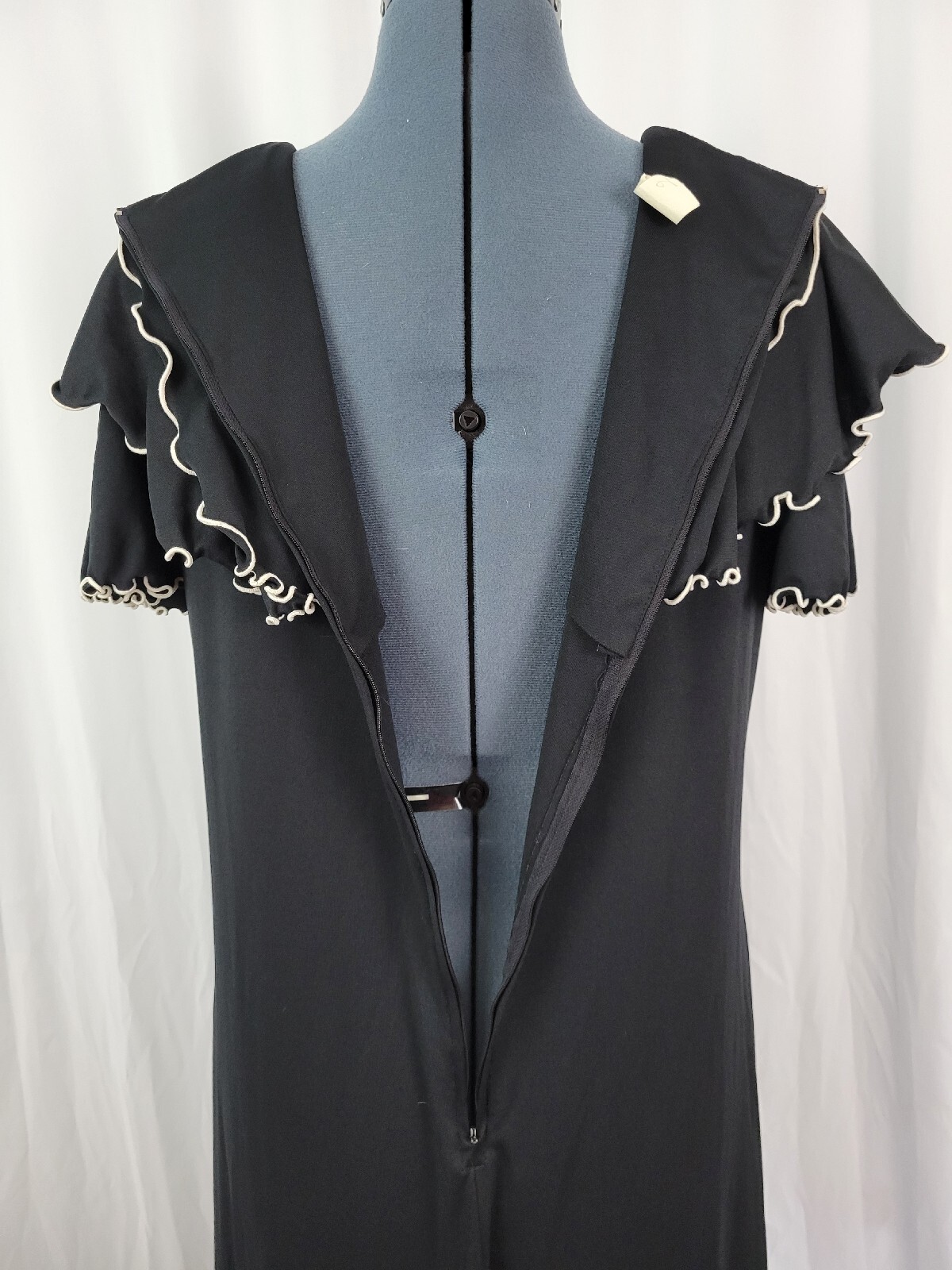 Vintage Black Dress w Shawl Collar Cream Piping Accent Size 14