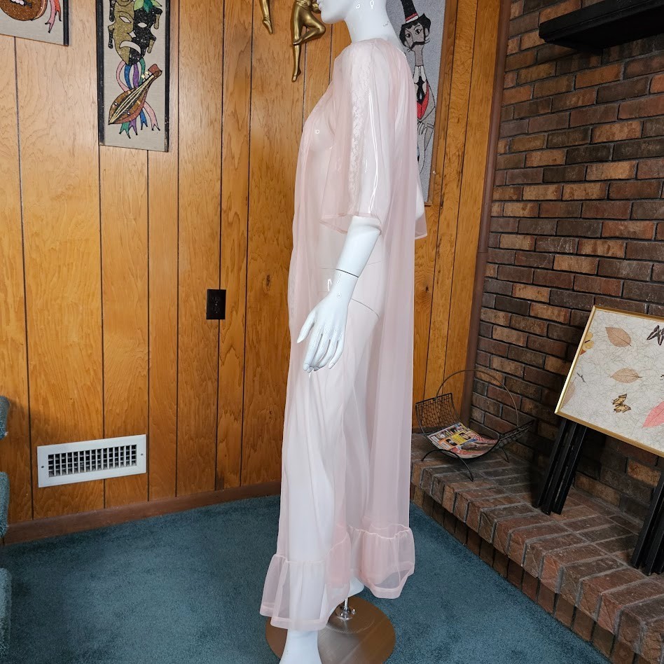 Vtg 50s Juicy Peach Cheesecake Pin-Up Sheer Chiffon Lace Peignoir Maxi Robe OSFM