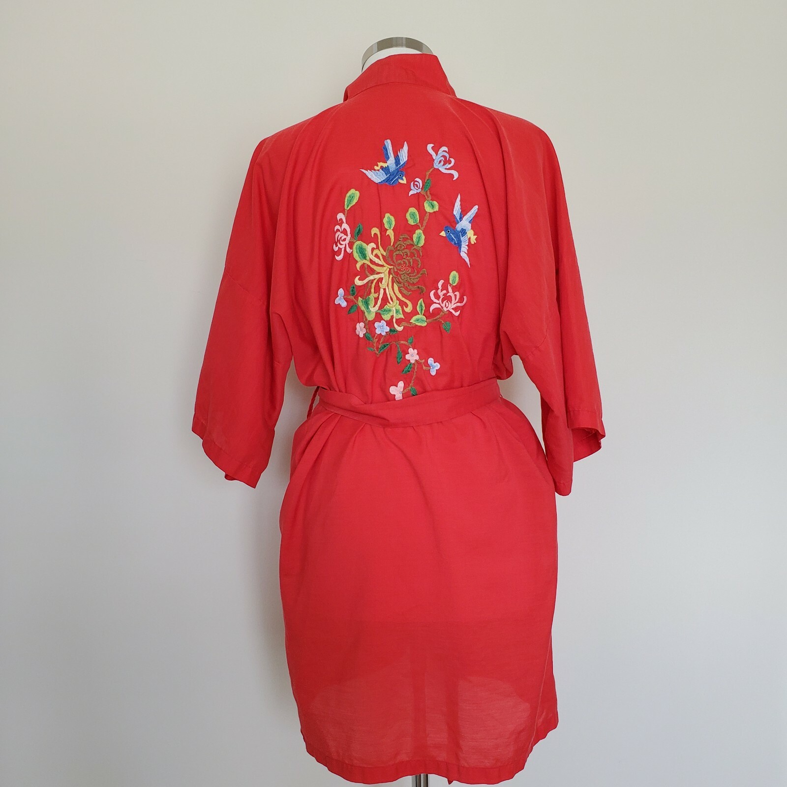Jodie Arden Vintage Robe Embroidered Embroidery Red Dressing Gown Pockets Large